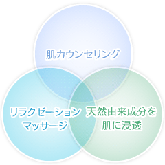 肌カウンセリング、リラクゼーションマッサージ、天然由来成分を肌に浸透